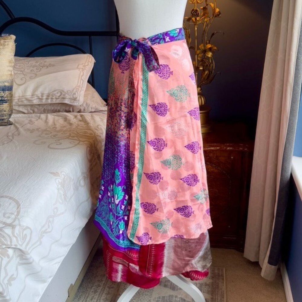 Pink Purple Multicoloured Upcycled Sari Reversible Wrap Skirt